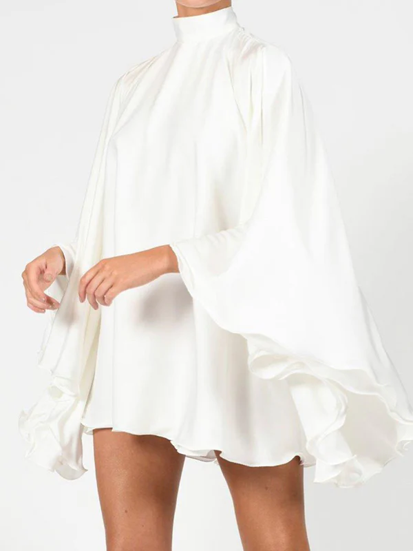 Solid Color High-Neck Backless Flared Sleeves Mini Dress - Image 6