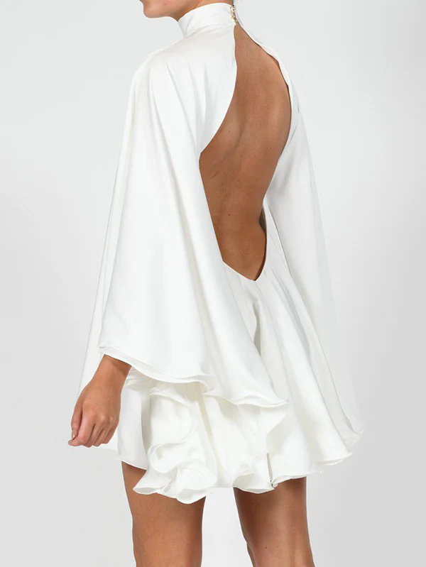 Solid Color High-Neck Backless Flared Sleeves Mini Dress - Image 7