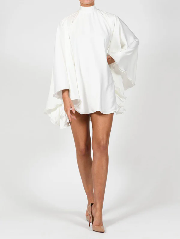 Solid Color High-Neck Backless Flared Sleeves Mini Dress - Image 8