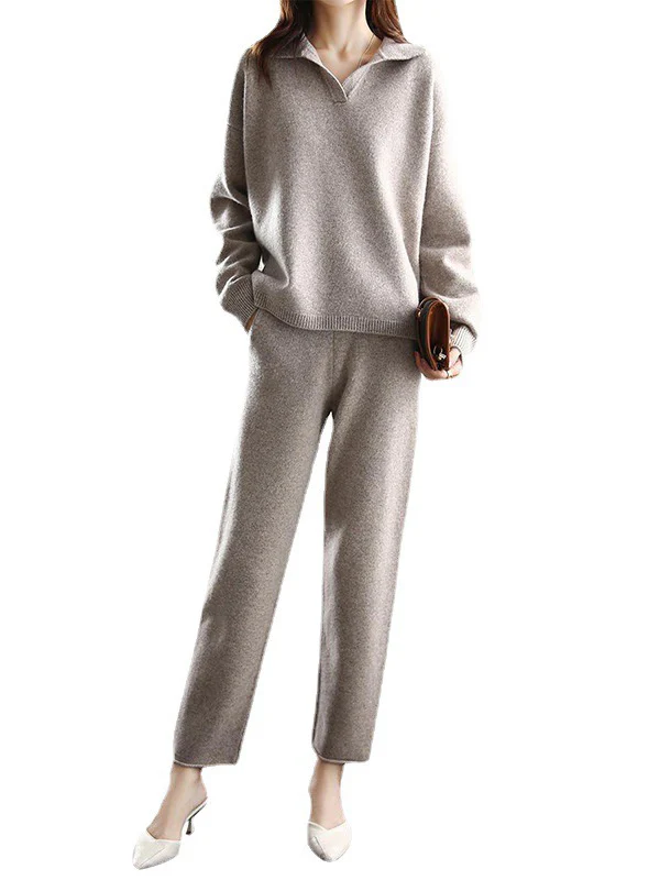 Solid Color Long Sleeves Loose Polo Sweater Top   Pants Bottom Two Pieces Set - Image 10