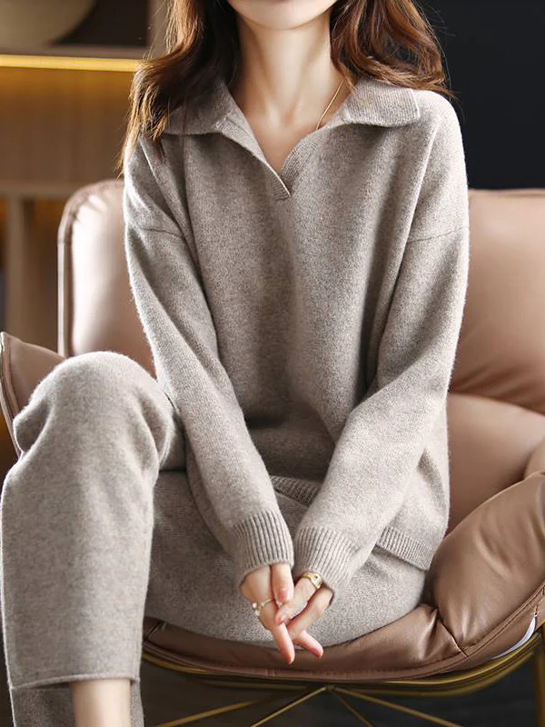 Solid Color Long Sleeves Loose Polo Sweater Top   Pants Bottom Two Pieces Set - Image 2