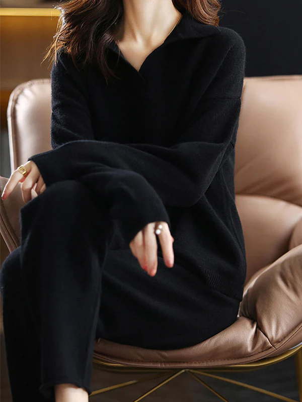 Solid Color Long Sleeves Loose Polo Sweater Top   Pants Bottom Two Pieces Set - Image 4