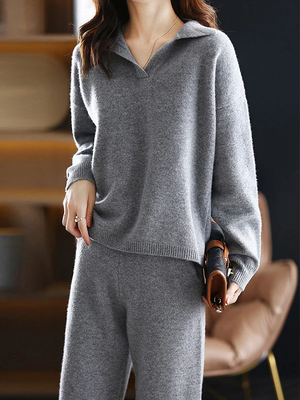 Solid Color Long Sleeves Loose Polo Sweater Top   Pants Bottom Two Pieces Set - Image 7