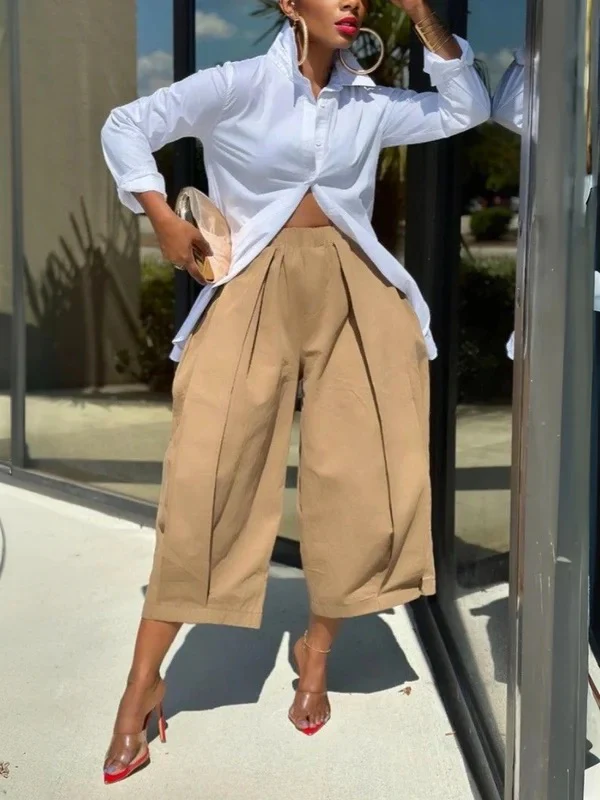 Loose Solid Color Capri-Pants Cropped Trousers - Image 3