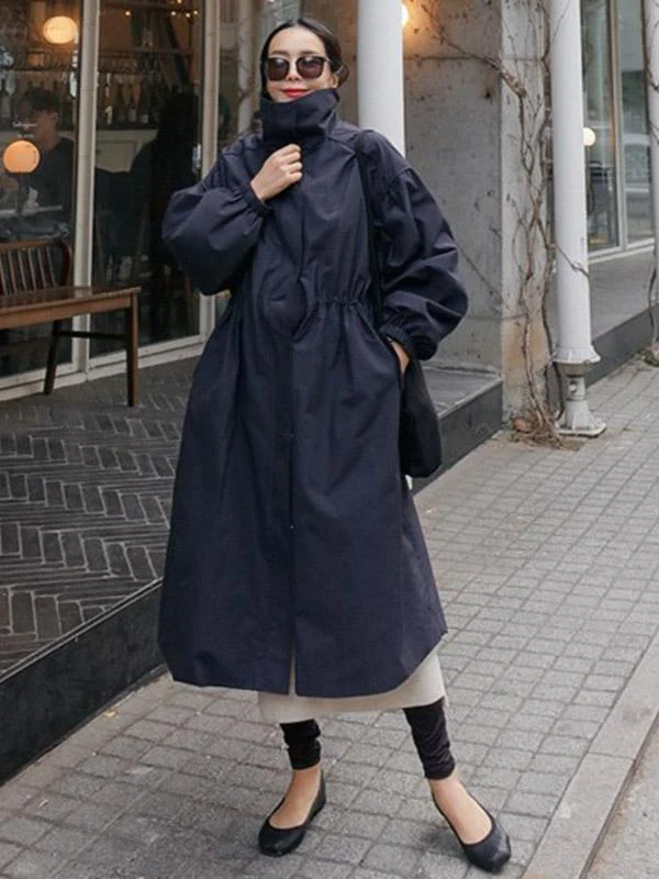 Solid Color Loose Elastic Waist Long Outwear - Image 2