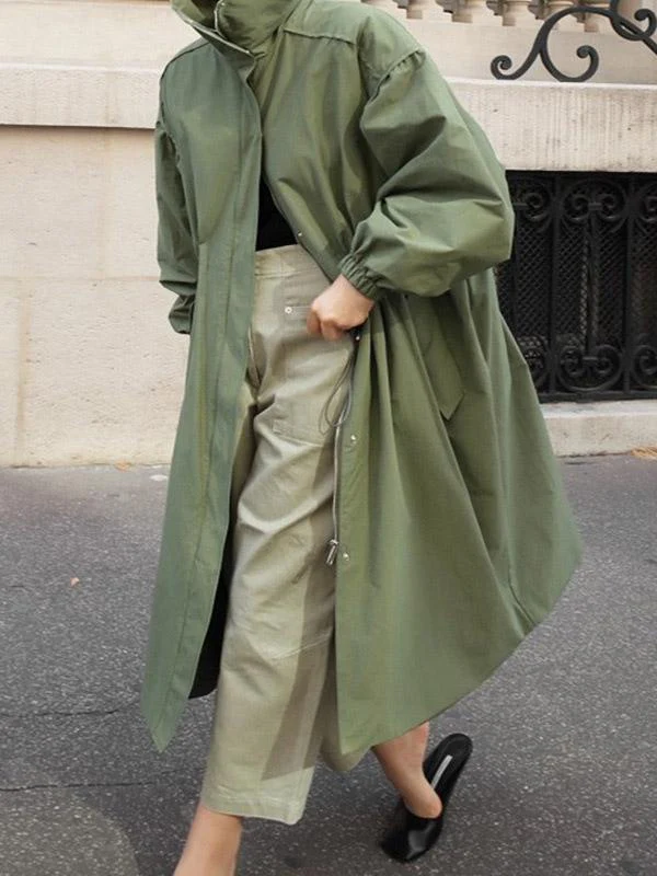 Solid Color Loose Elastic Waist Long Outwear - Image 3