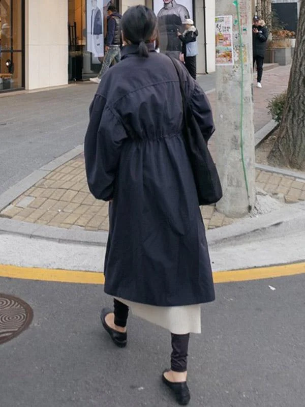 Solid Color Loose Elastic Waist Long Outwear - Image 4