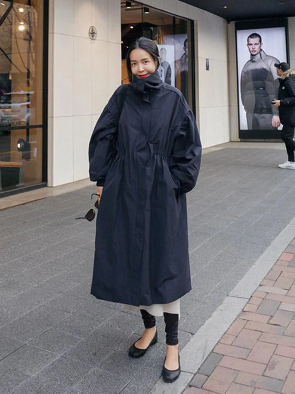 Solid Color Loose Elastic Waist Long Outwear - Image 5