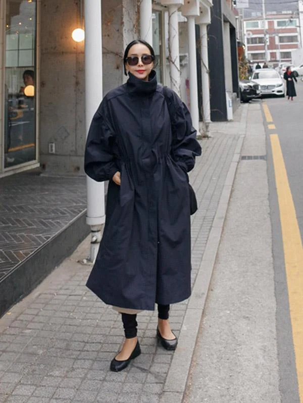 Solid Color Loose Elastic Waist Long Outwear - Image 6