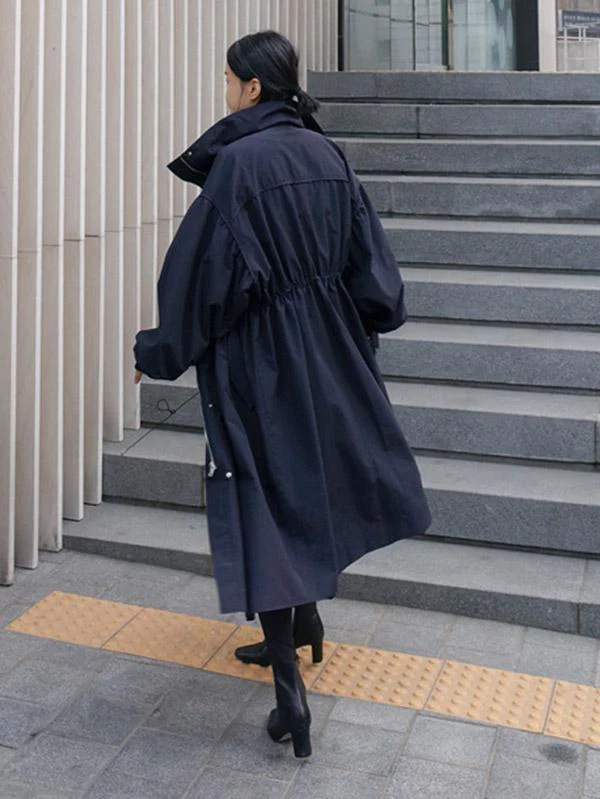 Solid Color Loose Elastic Waist Long Outwear - Image 7