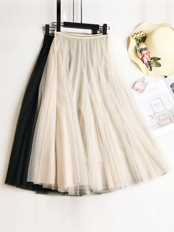 Solid Color Loose Elastic-Waist Mesh Skirt - Image 2
