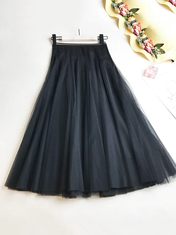Solid Color Loose Elastic-Waist Mesh Skirt - Image 3