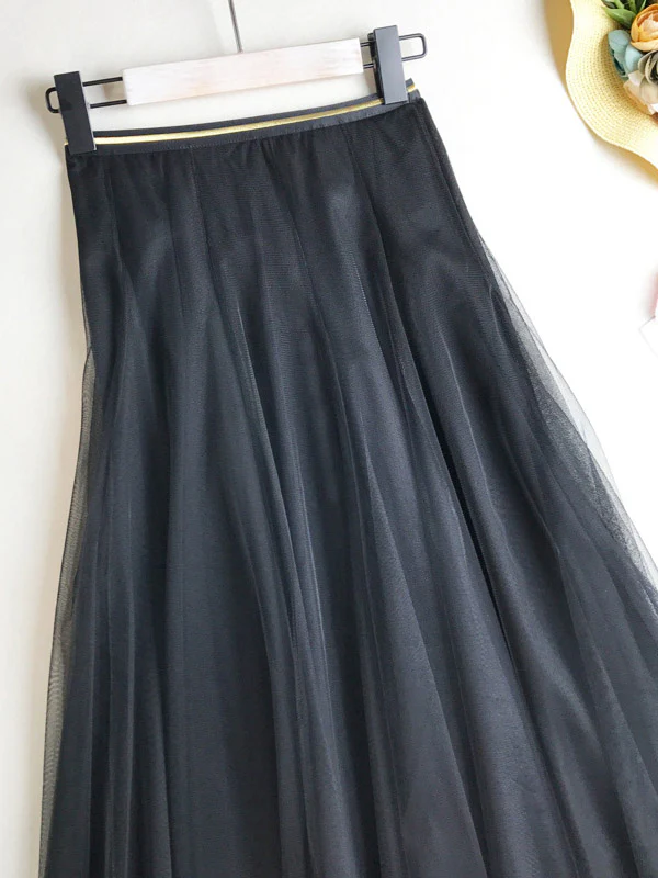 Solid Color Loose Elastic-Waist Mesh Skirt - Image 7