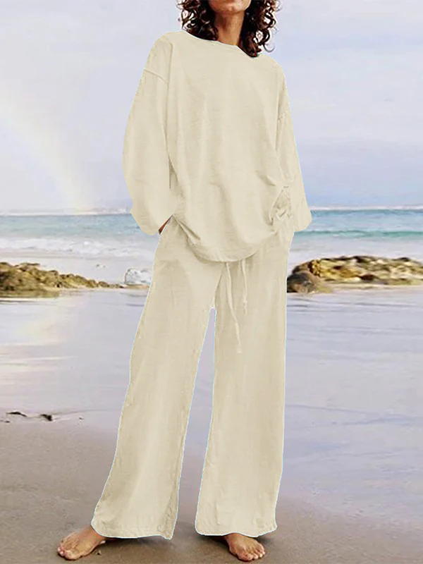 Solid Color Loose Long Sleeves Round-Neck Shirts Top + Drawstring Pants Bottom Two Pieces Set - Image 2