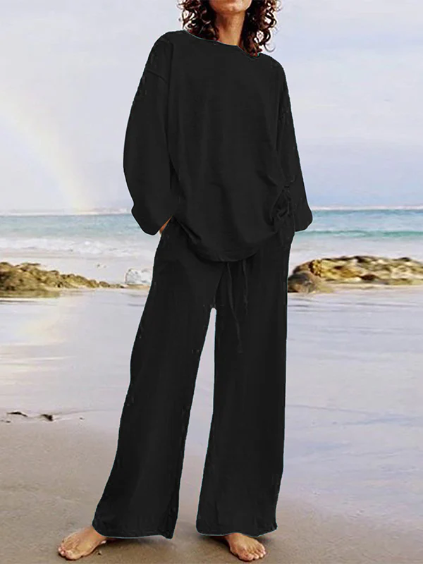 Solid Color Loose Long Sleeves Round-Neck Shirts Top + Drawstring Pants Bottom Two Pieces Set - Image 3