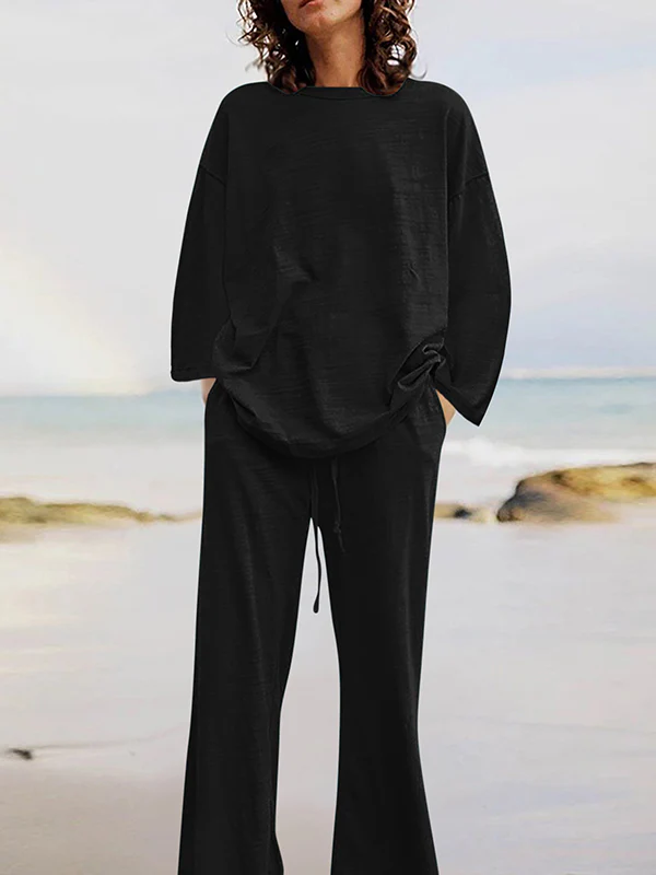 Solid Color Loose Long Sleeves Round-Neck Shirts Top + Drawstring Pants Bottom Two Pieces Set - Image 4