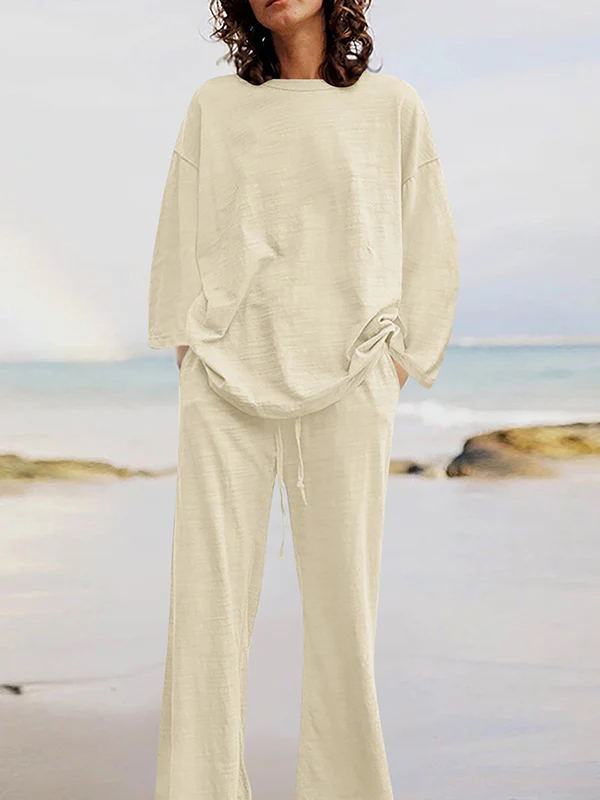 Solid Color Loose Long Sleeves Round-Neck Shirts Top + Drawstring Pants Bottom Two Pieces Set - Image 5