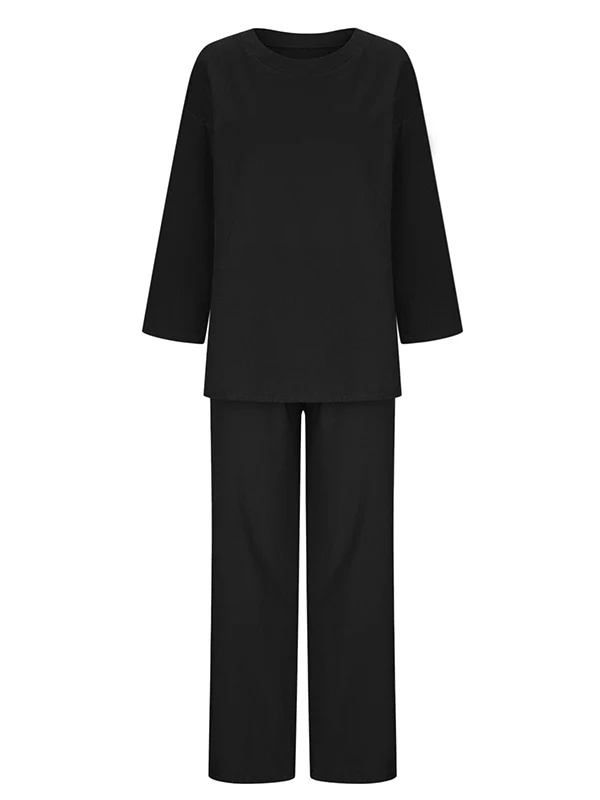 Solid Color Loose Long Sleeves Round-Neck Shirts Top + Drawstring Pants Bottom Two Pieces Set - Image 6