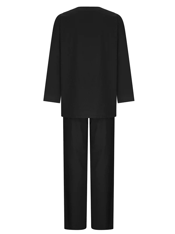 Solid Color Loose Long Sleeves Round-Neck Shirts Top + Drawstring Pants Bottom Two Pieces Set - Image 7