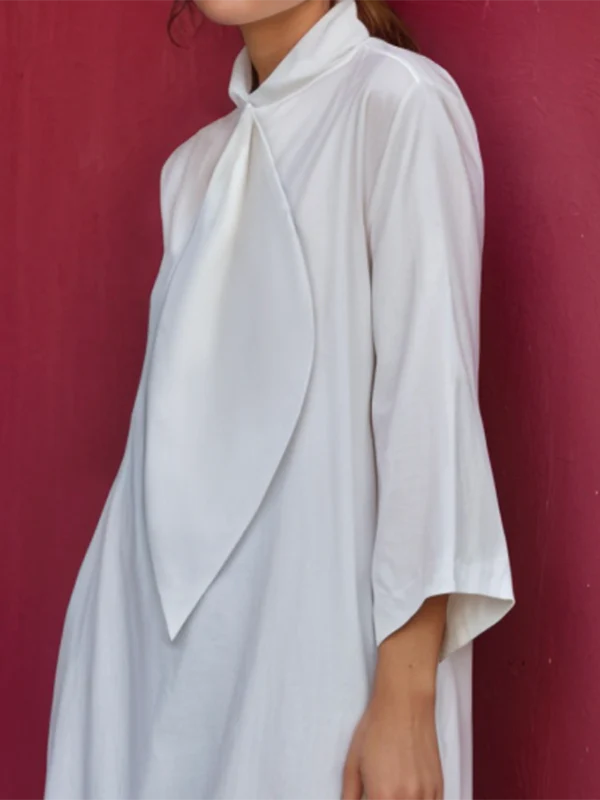 Loose Three-Quarter Sleeves Solid Color Stand Collar Mini Dresses Shirt Dress - Image 3