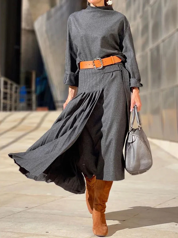 Solid Color Loose Top +  Asymmetric Pleated Split-Joint  Skirt Two Pieces Set - Image 2