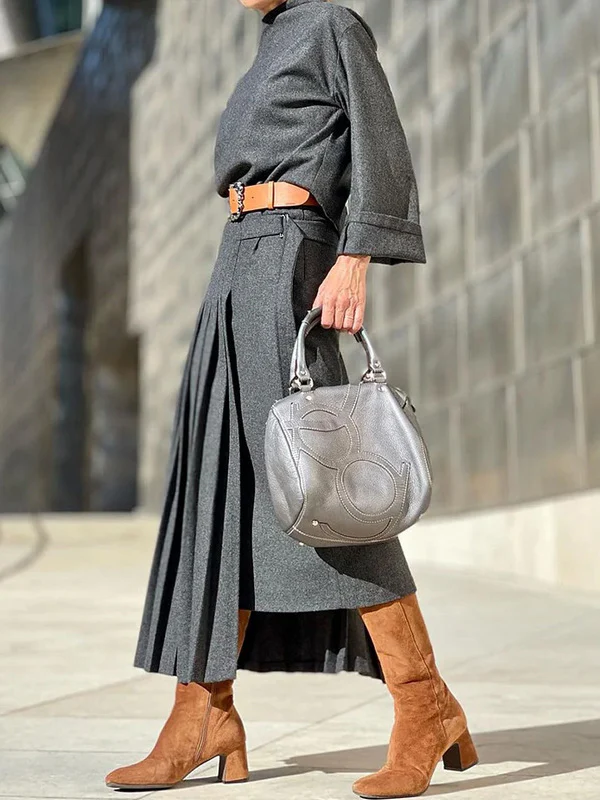 Solid Color Loose Top +  Asymmetric Pleated Split-Joint  Skirt Two Pieces Set - Image 3