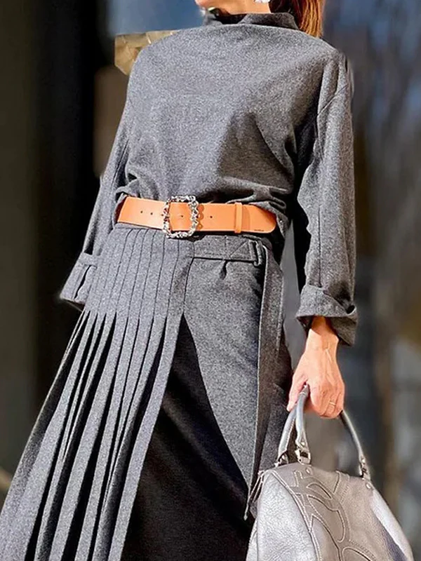 Solid Color Loose Top +  Asymmetric Pleated Split-Joint  Skirt Two Pieces Set - Image 4