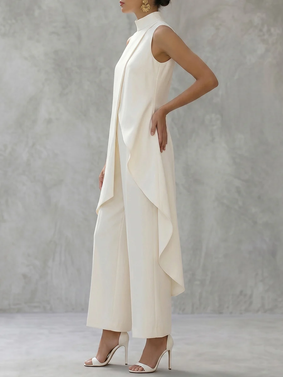 Solid Color Mock Neck High-Low Blouses&Shirts Tops + High Waisted Pants Trousers Two Pieces Set - Image 2