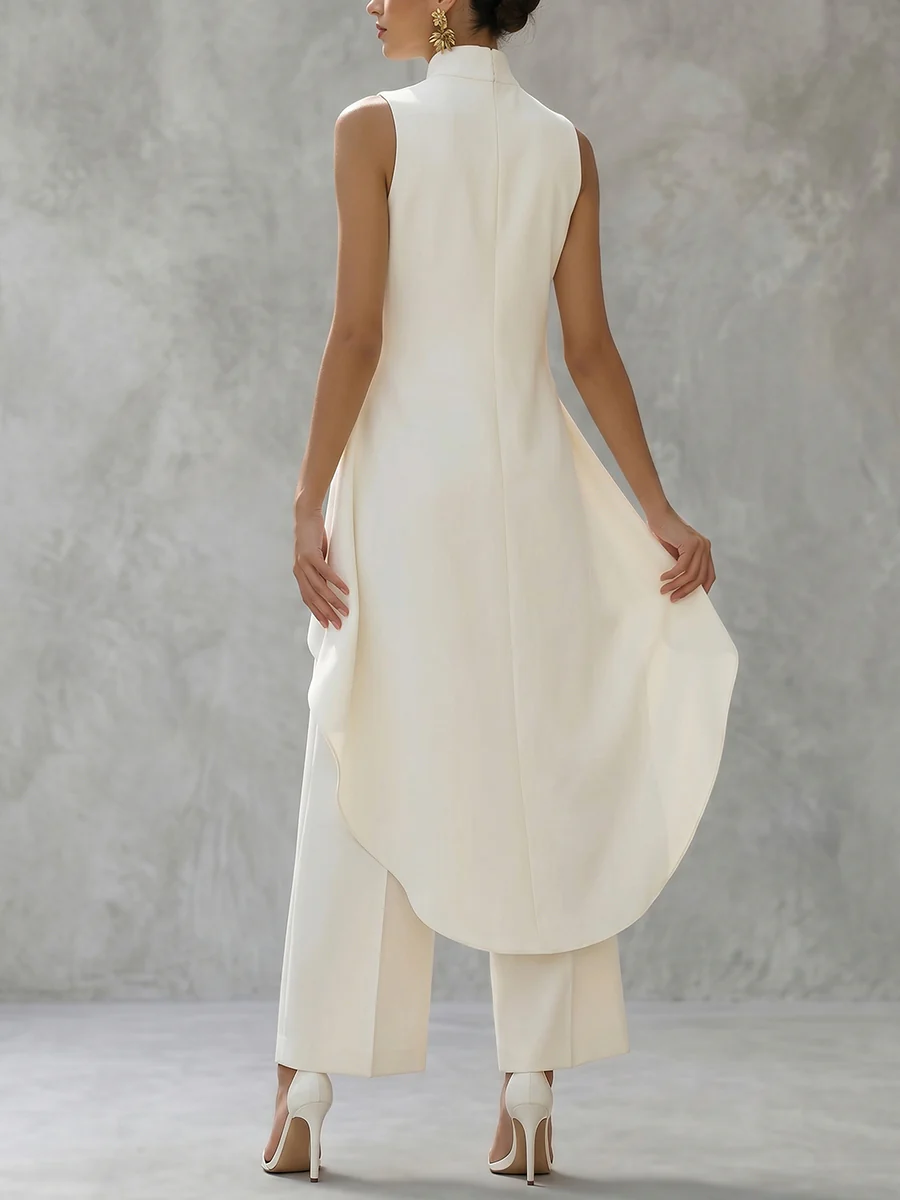 Solid Color Mock Neck High-Low Blouses&Shirts Tops + High Waisted Pants Trousers Two Pieces Set - Image 3