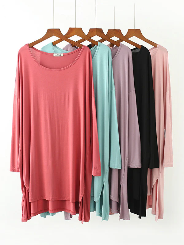 Solid Color Modal Plus Size High-Low Long Sleeve Pajamas Dress - Image 10