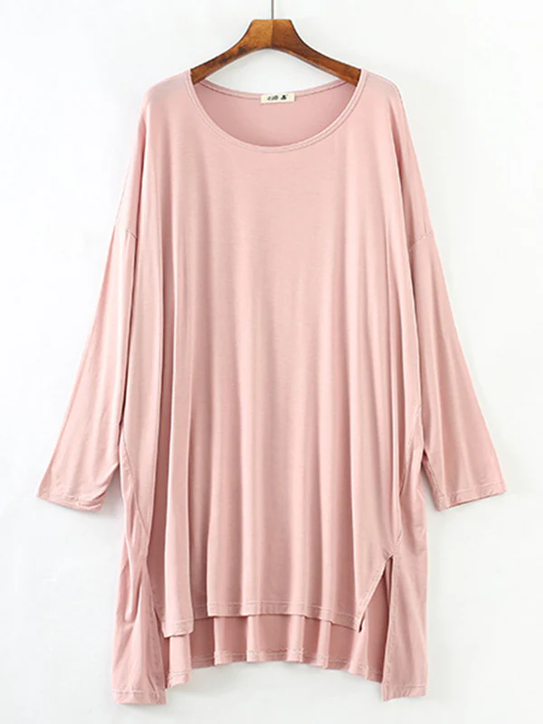 Solid Color Modal Plus Size High-Low Long Sleeve Pajamas Dress - Image 13