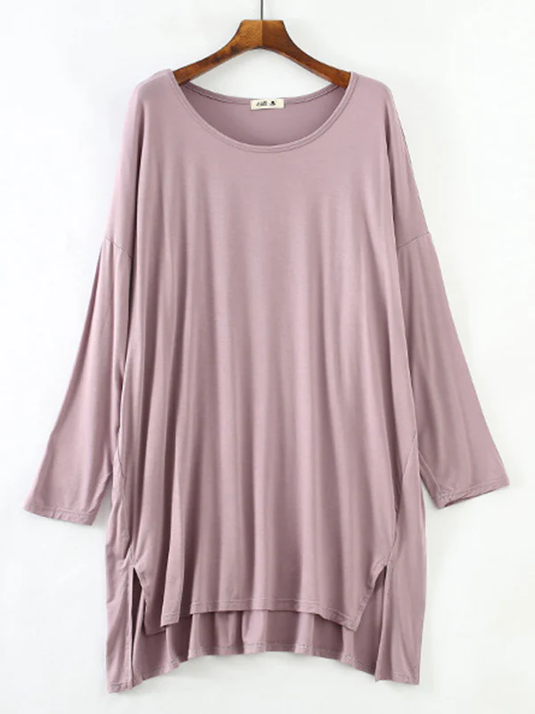 Solid Color Modal Plus Size High-Low Long Sleeve Pajamas Dress - Image 14