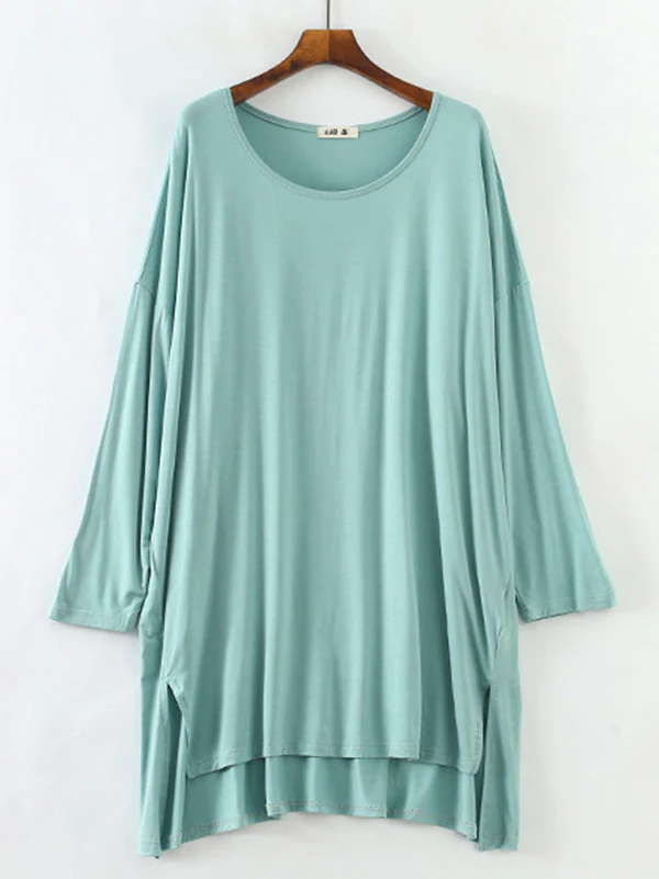 Solid Color Modal Plus Size High-Low Long Sleeve Pajamas Dress - Image 15