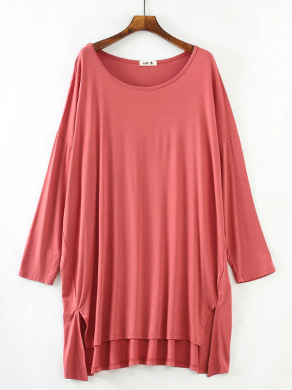 Solid Color Modal Plus Size High-Low Long Sleeve Pajamas Dress - Image 16