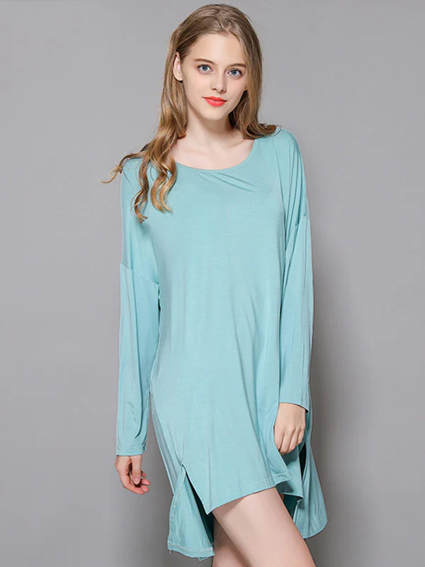 Solid Color Modal Plus Size High-Low Long Sleeve Pajamas Dress - Image 2