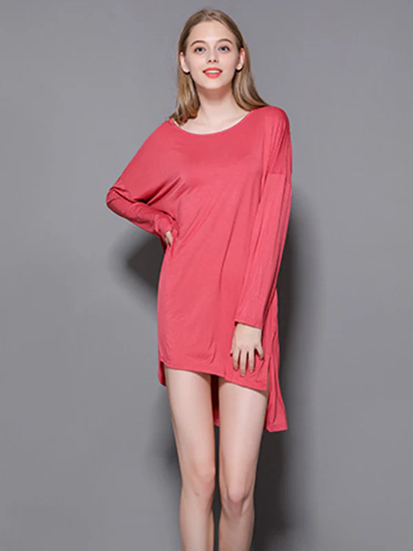 Solid Color Modal Plus Size High-Low Long Sleeve Pajamas Dress - Image 3