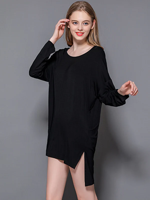 Solid Color Modal Plus Size High-Low Long Sleeve Pajamas Dress - Image 4