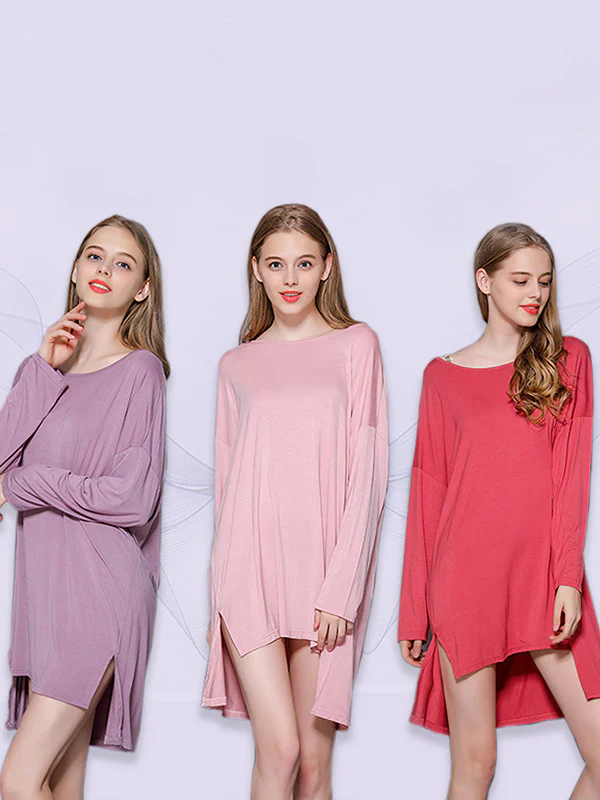 Solid Color Modal Plus Size High-Low Long Sleeve Pajamas Dress - Image 6