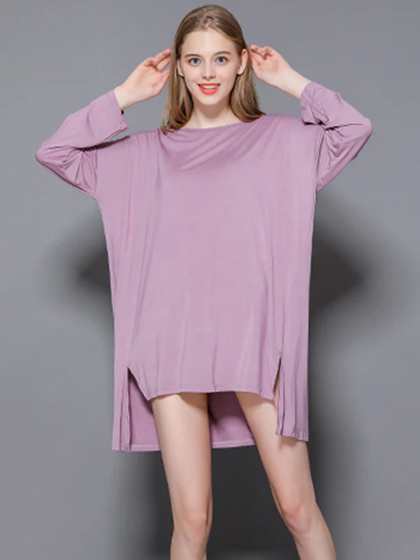 Solid Color Modal Plus Size High-Low Long Sleeve Pajamas Dress - Image 7
