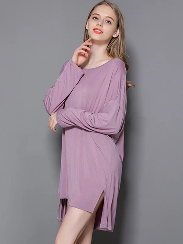 Solid Color Modal Plus Size High-Low Long Sleeve Pajamas Dress - Image 8