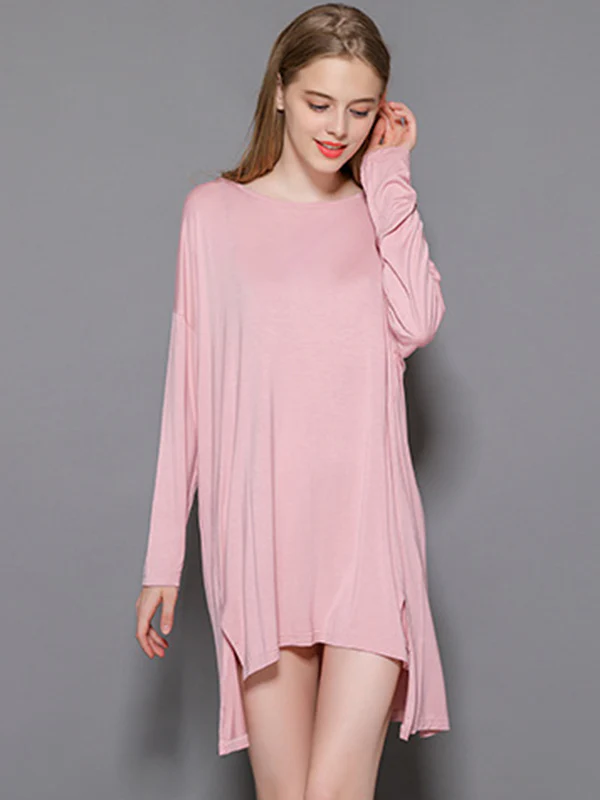 Solid Color Modal Plus Size High-Low Long Sleeve Pajamas Dress - Image 9