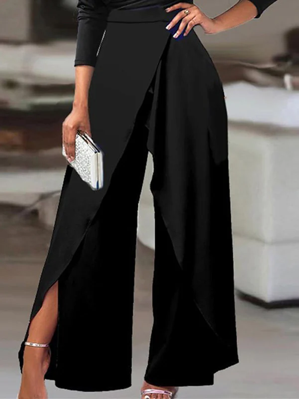 Solid Color One-Shoulder Long Sleeves T-Shirt + High-Waisted Wide Leg Pants Trousers Two Pieces Set - Image 3
