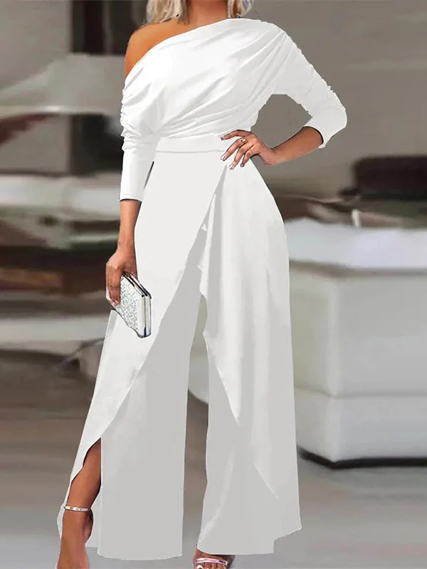 Solid Color One-Shoulder Long Sleeves T-Shirt + High-Waisted Wide Leg Pants Trousers Two Pieces Set - Image 4