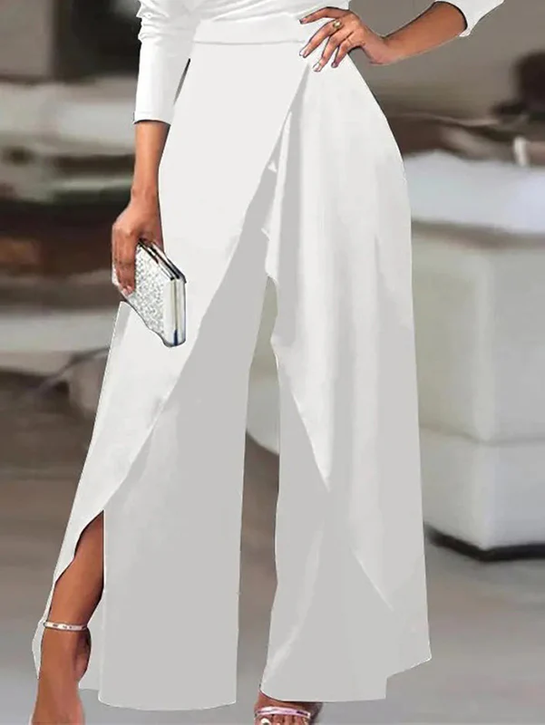 Solid Color One-Shoulder Long Sleeves T-Shirt + High-Waisted Wide Leg Pants Trousers Two Pieces Set - Image 5