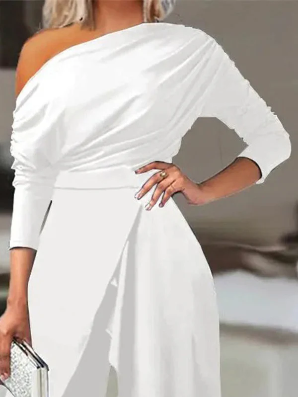 Solid Color One-Shoulder Long Sleeves T-Shirt + High-Waisted Wide Leg Pants Trousers Two Pieces Set - Image 6