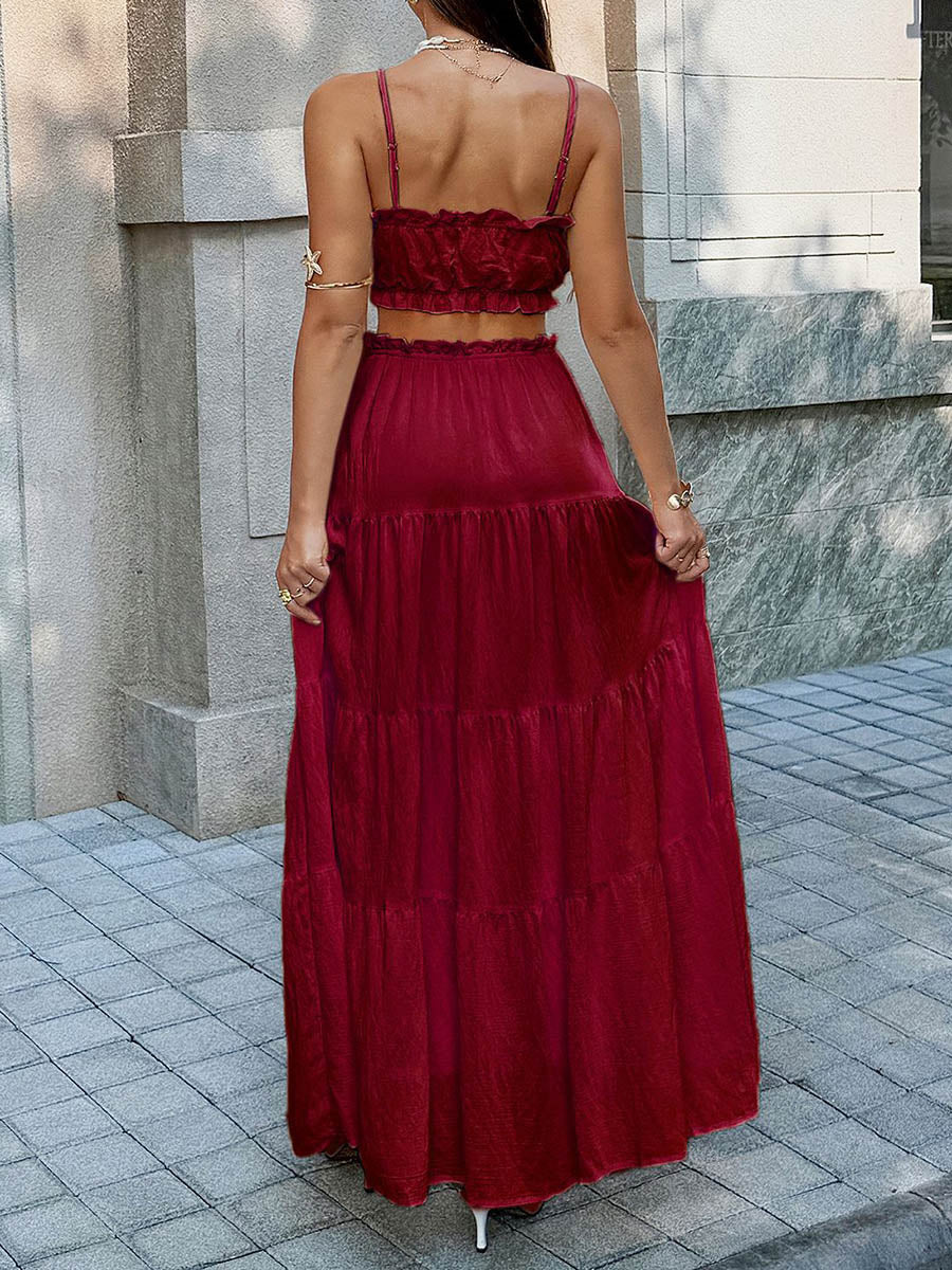 Solid Color Pleated Cropped Ruffled Spaghetti-Neck + A-Line Skirts Bottoms Top Two Pieces Set - Image 10