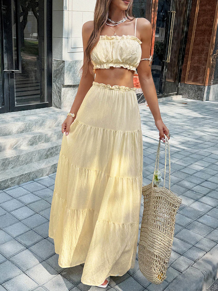 Solid Color Pleated Cropped Ruffled Spaghetti-Neck + A-Line Skirts Bottoms Top Two Pieces Set - Image 2