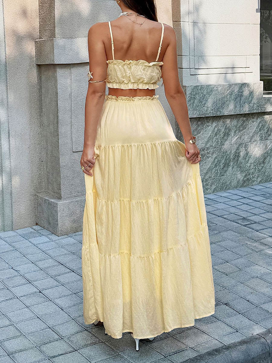 Solid Color Pleated Cropped Ruffled Spaghetti-Neck + A-Line Skirts Bottoms Top Two Pieces Set - Image 3