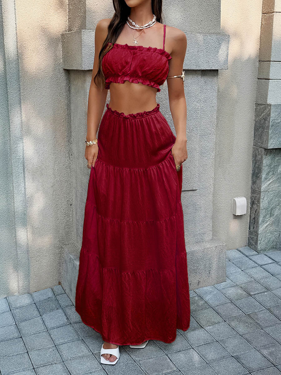 Solid Color Pleated Cropped Ruffled Spaghetti-Neck + A-Line Skirts Bottoms Top Two Pieces Set - Image 4