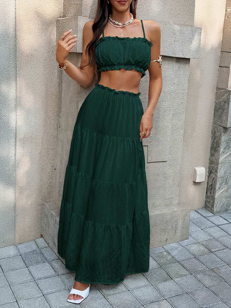 Solid Color Pleated Cropped Ruffled Spaghetti-Neck + A-Line Skirts Bottoms Top Two Pieces Set - Image 5
